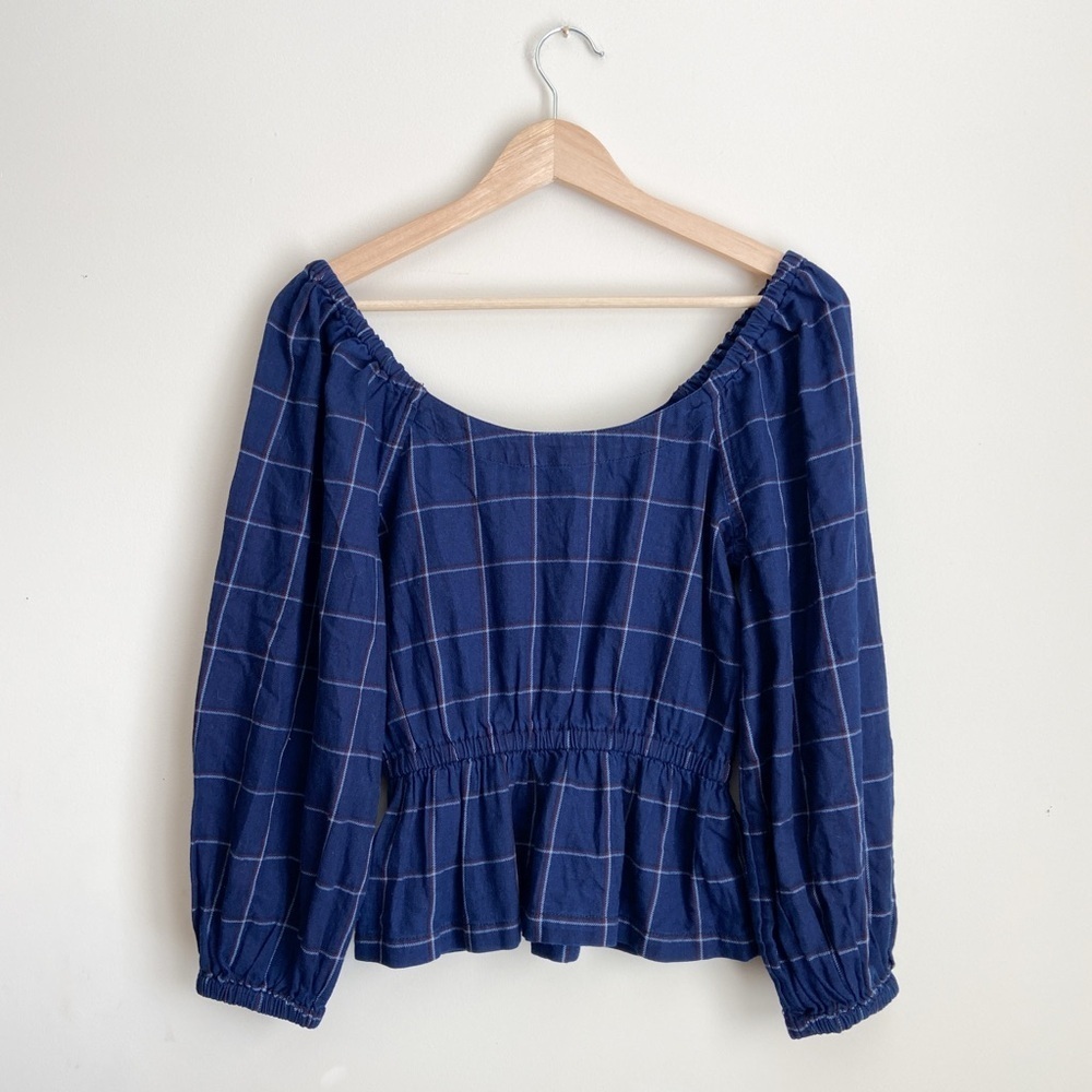 NWT Madewell Blue Smocked Peplum Blouse with 3/4 Sleeves